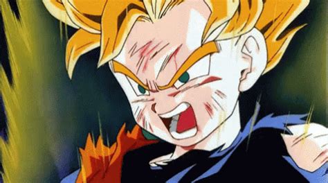 trunks goes super saiyan|super saiyan trunks screaming.